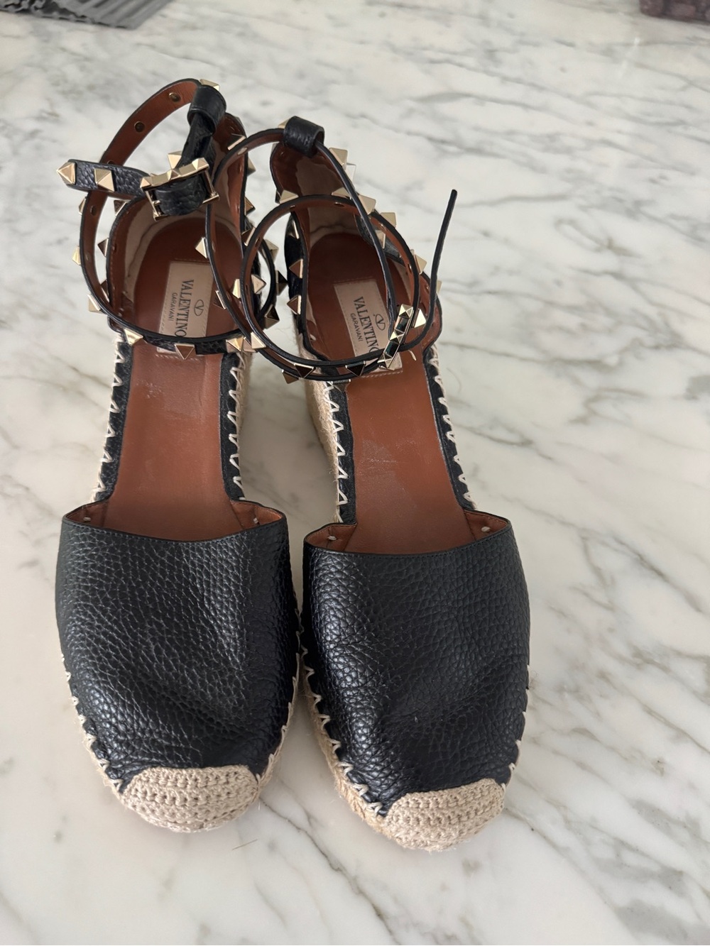 Valentino Black Leather Espadrille Wedges with Studded Ankle Straps
